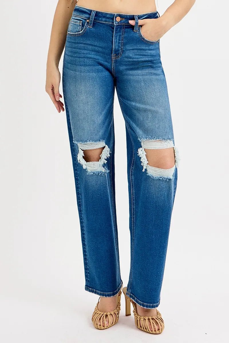 RISEN Full Size Mid Waist Fit Boyfriend Knee Distressed Jeans Plus Size - Rooted & Reckless Co.