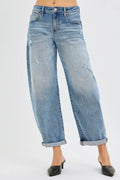 RISEN Full Size Slouchy Ankle Length Barrel Jeans with Cuffs Plus Size - Rooted & Reckless Co.