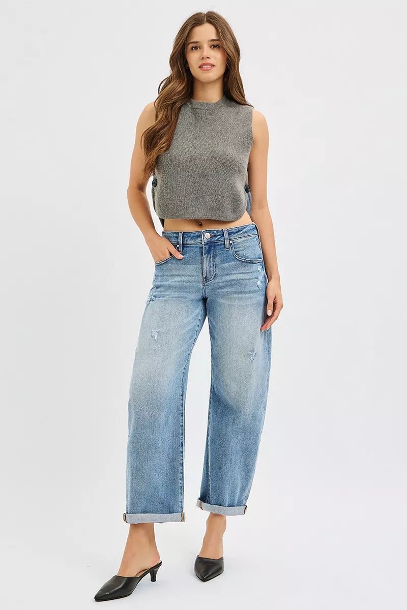 RISEN Full Size Slouchy Ankle Length Barrel Jeans with Cuffs Plus Size - Rooted & Reckless Co.