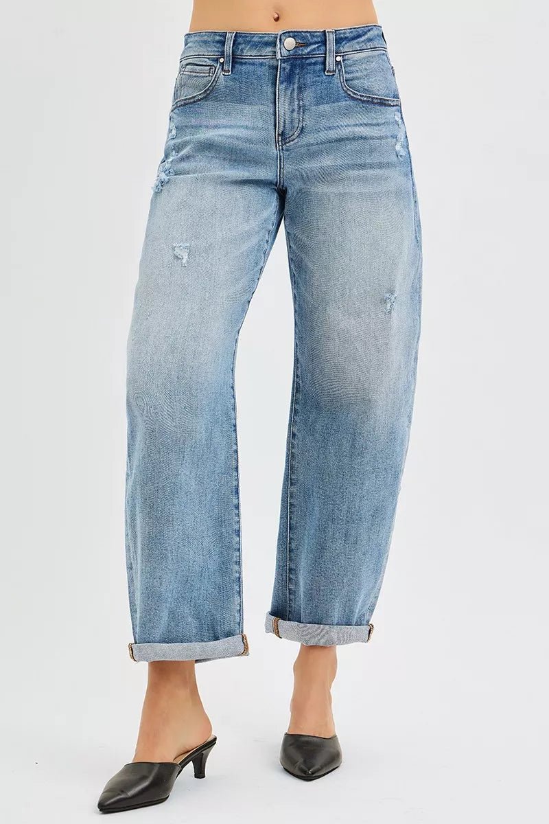 RISEN Full Size Slouchy Ankle Length Barrel Jeans with Cuffs Plus Size - Rooted & Reckless Co.