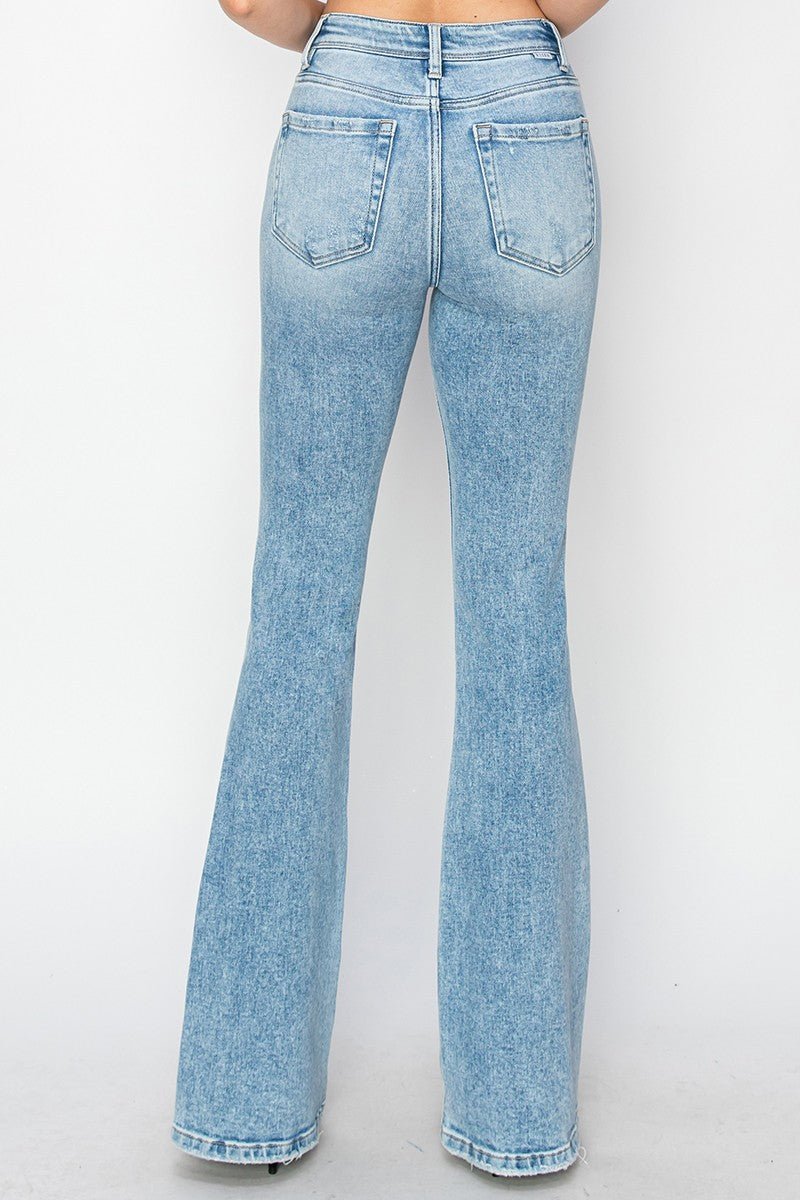 Risen High-Rise Bootcut Western Jeans — Light Wash with Light Distressing & Modern Cowgirl Silhouette (Sizes 1, 5, 9 and 15 remaining) - Rooted & Reckless Co.
