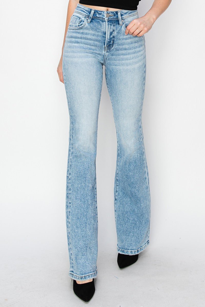 Risen High-Rise Bootcut Western Jeans — Light Wash with Light Distressing & Modern Cowgirl Silhouette (Sizes 1, 5, 9 and 15 remaining) - Rooted & Reckless Co.