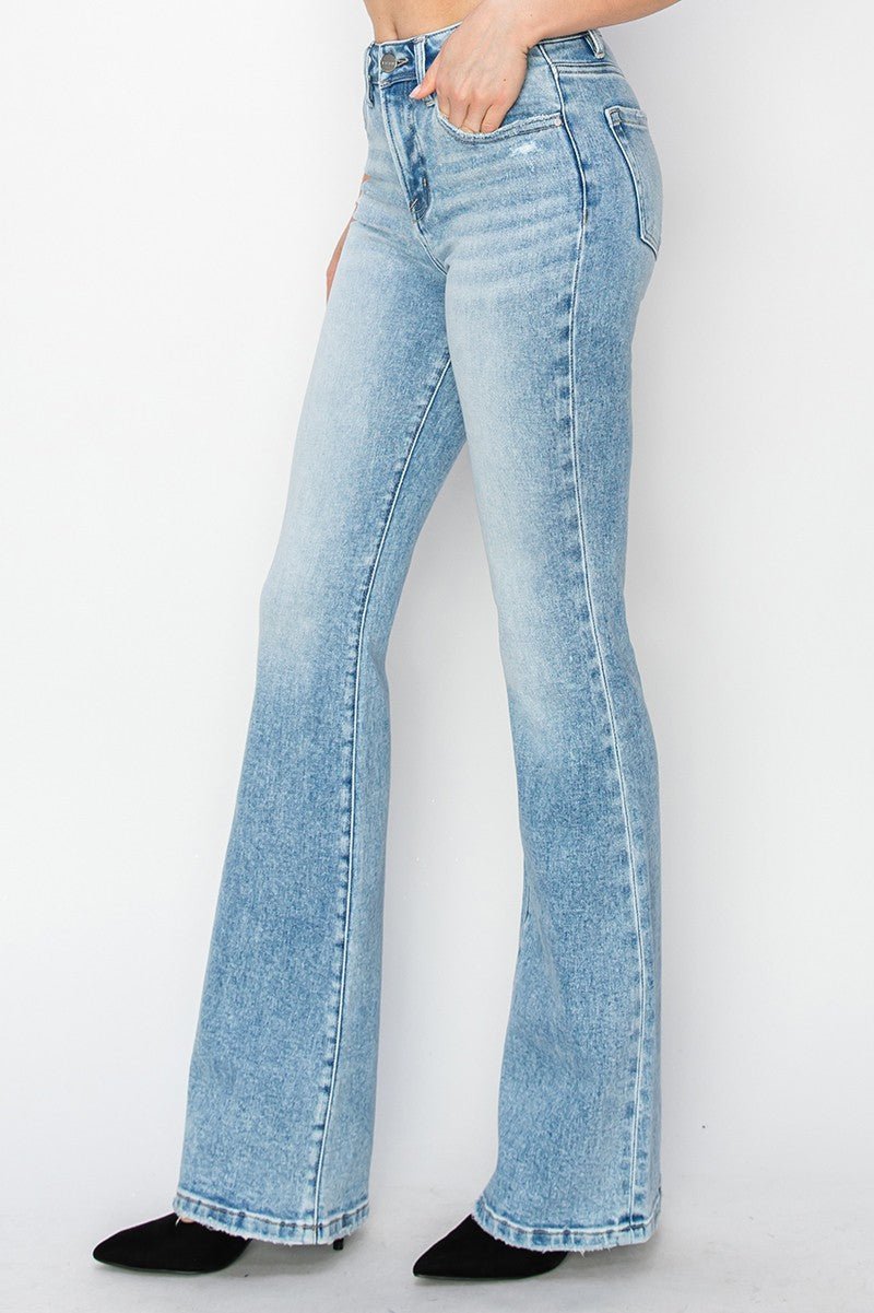 Risen High-Rise Bootcut Western Jeans — Light Wash with Light Distressing & Modern Cowgirl Silhouette (Sizes 1, 5, 9 and 15 remaining) - Rooted & Reckless Co.