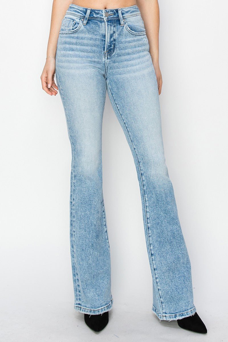 Risen High-Rise Bootcut Western Jeans — Light Wash with Light Distressing & Modern Cowgirl Silhouette (Sizes 1, 5, 9 and 15 remaining) - Rooted & Reckless Co.