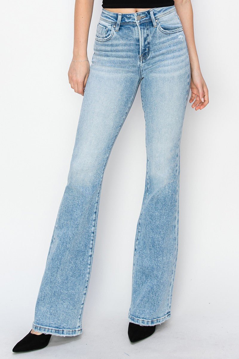Risen High-Rise Bootcut Western Jeans — Light Wash with Light Distressing & Modern Cowgirl Silhouette (Sizes 1, 5, 9 and 15 remaining) - Rooted & Reckless Co.