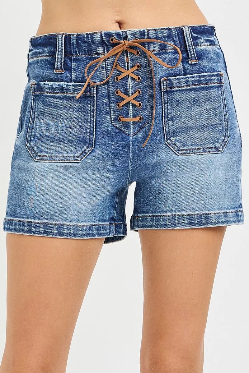 RISEN High Rise Front Tie Up Shorts with Patch Pockets - Rooted & Reckless Co.