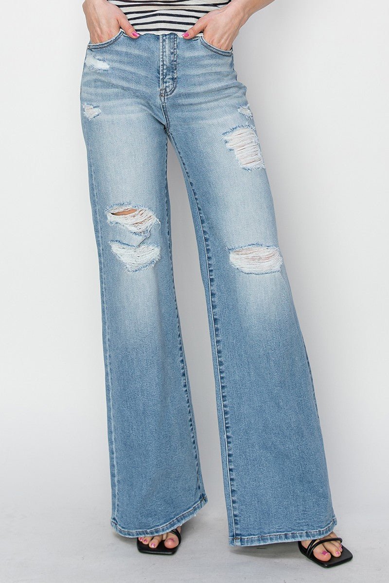 Risen High-Rise Wide Distressed Western Jeans — Light Wash Playful Distressing with Wide-Leg Cut - Rooted & Reckless Co.