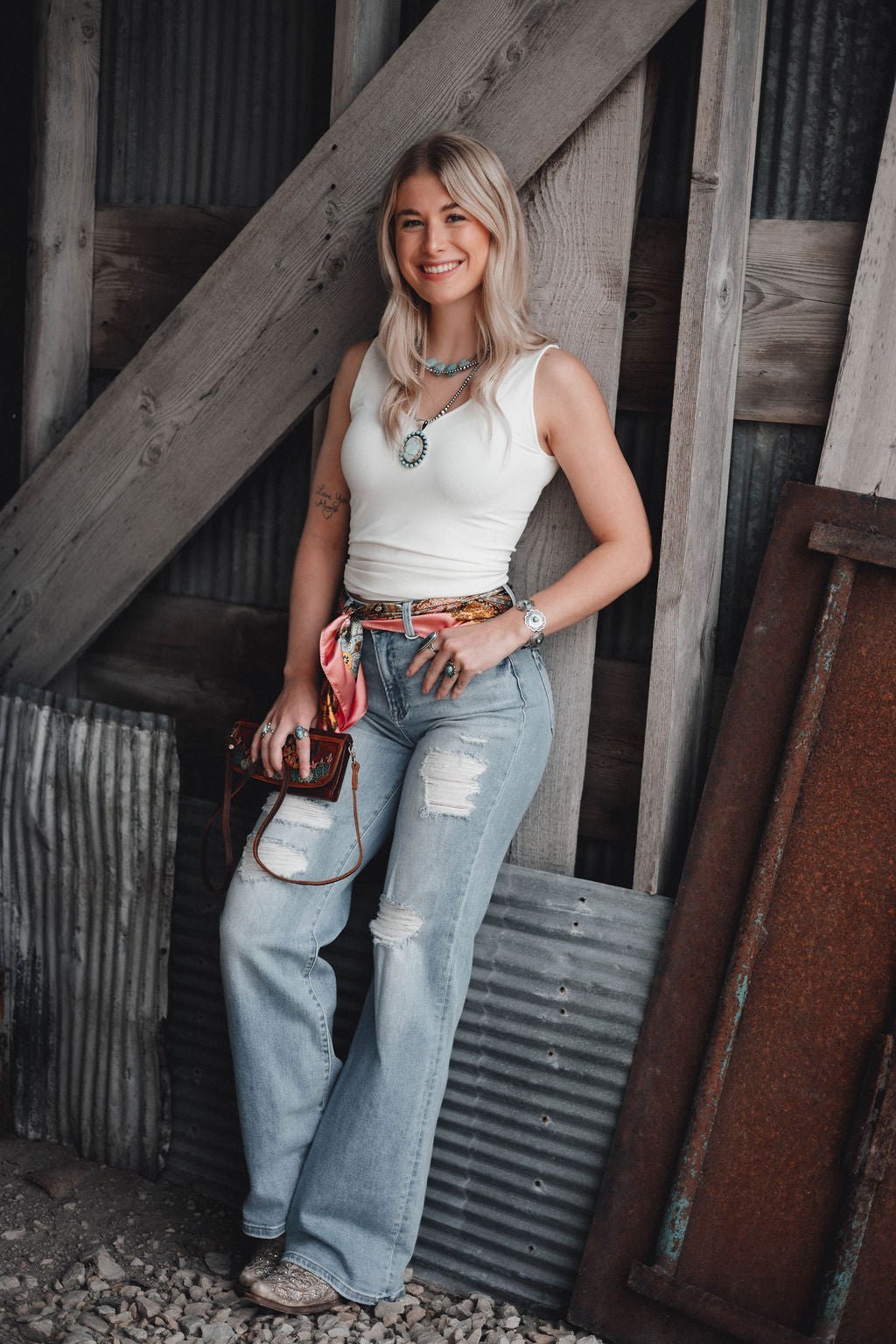 Risen High-Rise Wide Distressed Western Jeans — Light Wash Playful Distressing with Wide-Leg Cut - Rooted & Reckless Co.