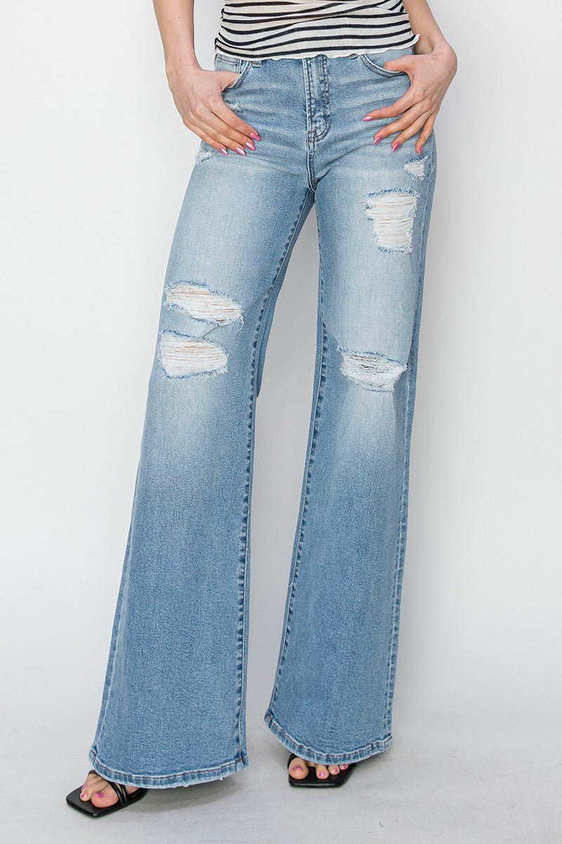 Risen High-Rise Wide Distressed Western Jeans — Light Wash Playful Distressing with Wide-Leg Cut - Rooted & Reckless Co.
