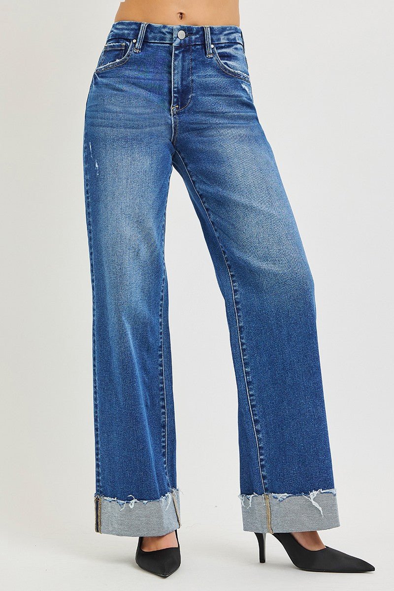 RISEN High Rise Wide Leg Jeans With Cuffed Hem - Rooted & Reckless Co.