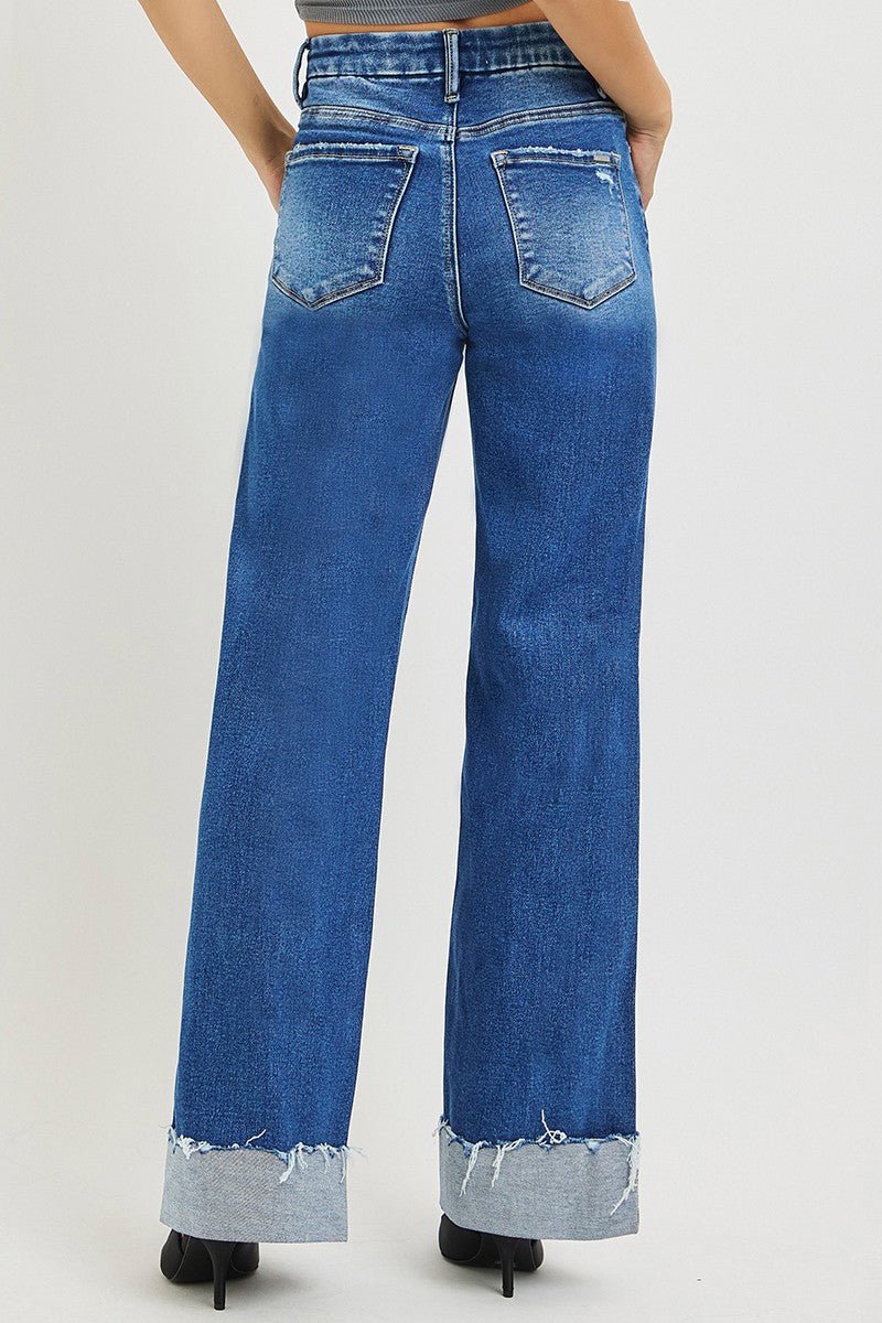 RISEN High Rise Wide Leg Jeans With Cuffed Hem - Rooted & Reckless Co.