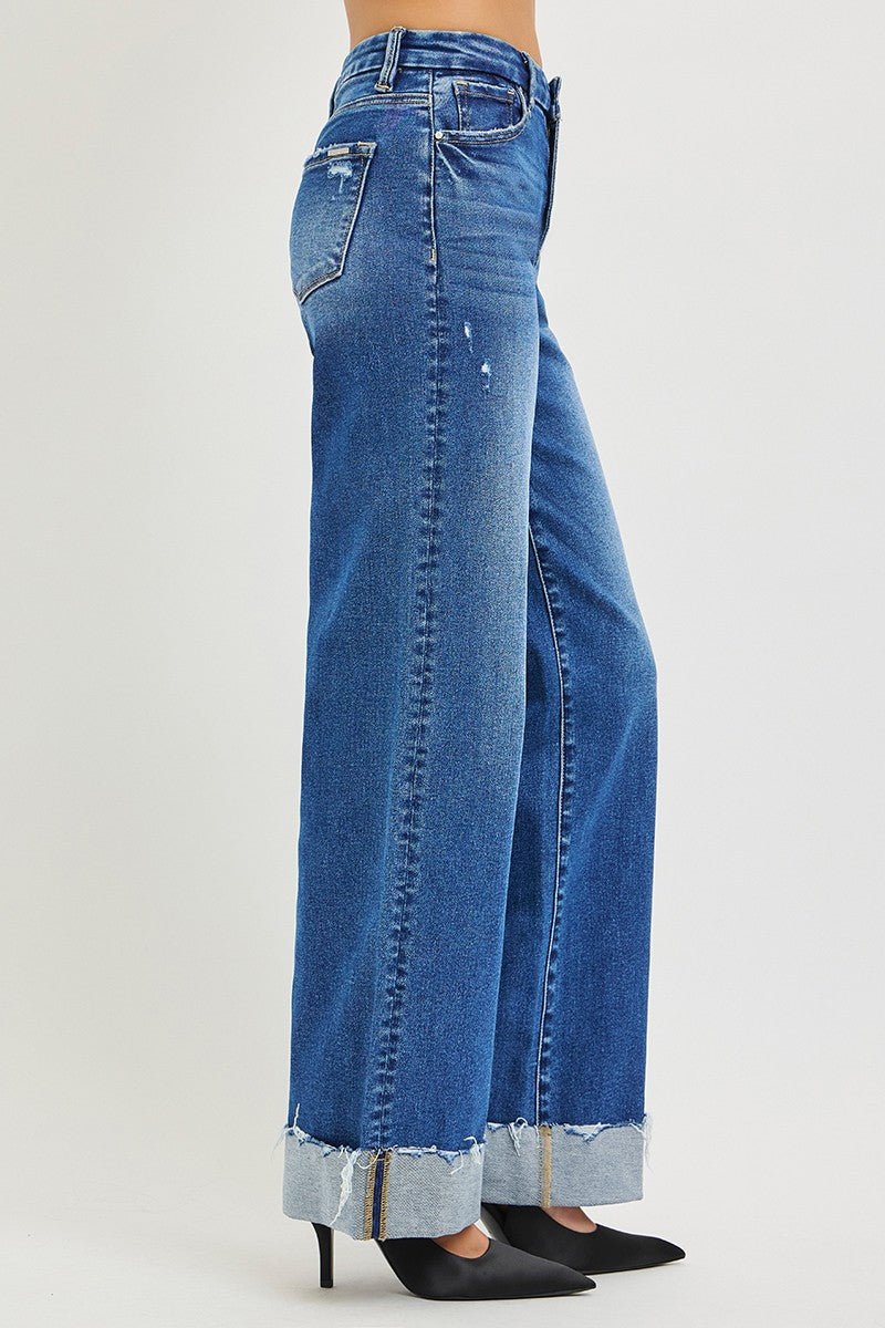 RISEN High Rise Wide Leg Jeans With Cuffed Hem - Rooted & Reckless Co.