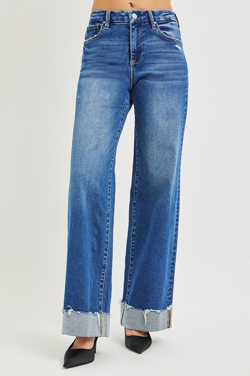 RISEN High Rise Wide Leg Jeans With Cuffed Hem - Rooted & Reckless Co.