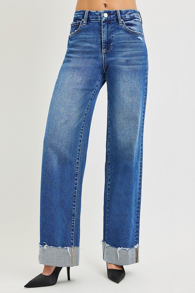RISEN High Rise Wide Leg Jeans With Cuffed Hem - Rooted & Reckless Co.