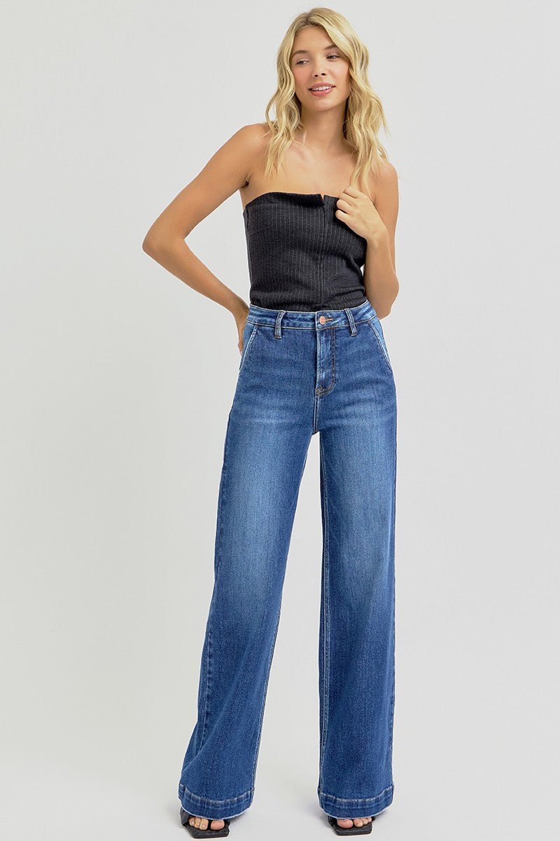 Risen High-Rise Wide-Leg Slanted Pocket Western Jeans — Dark Wash Rugged Style with Back Patch Pocket (Size 0, 9, 11, 13 and 15) - Rooted & Reckless Co.