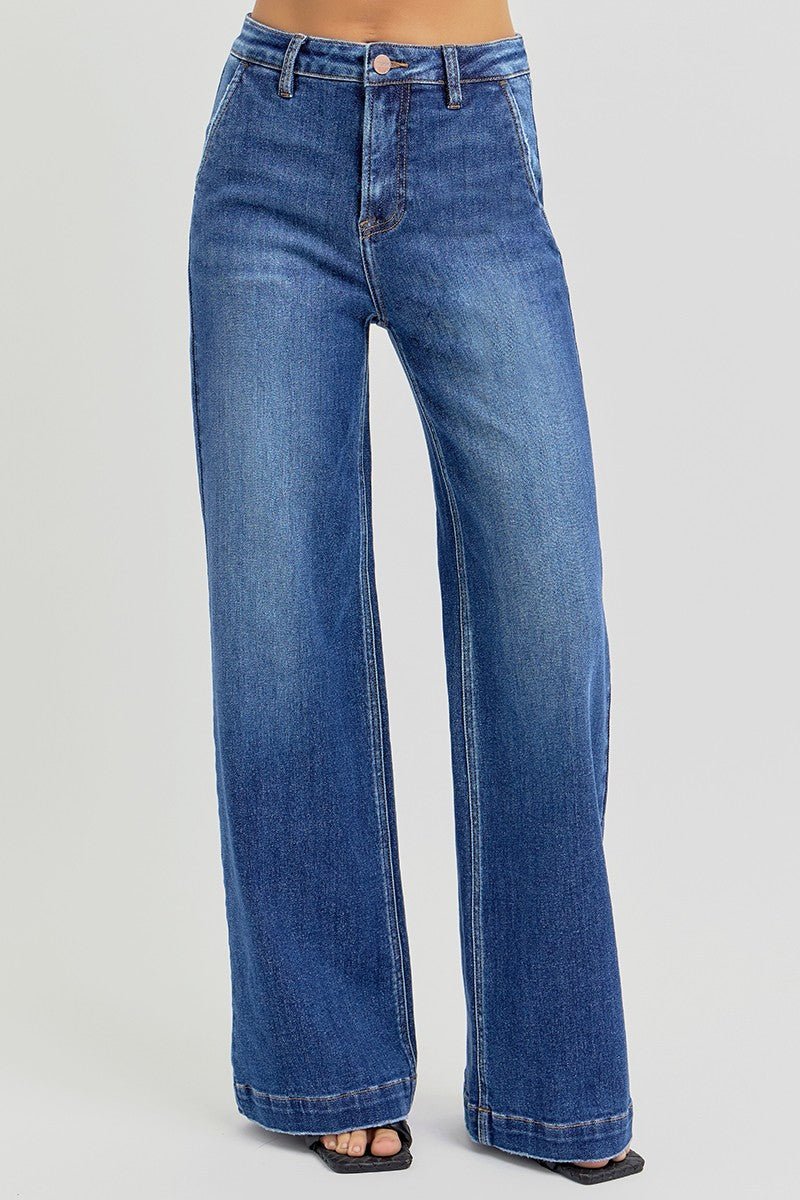 Risen High-Rise Wide-Leg Slanted Pocket Western Jeans — Dark Wash Rugged Style with Back Patch Pocket (Size 0, 9, 11, 13 and 15) - Rooted & Reckless Co.