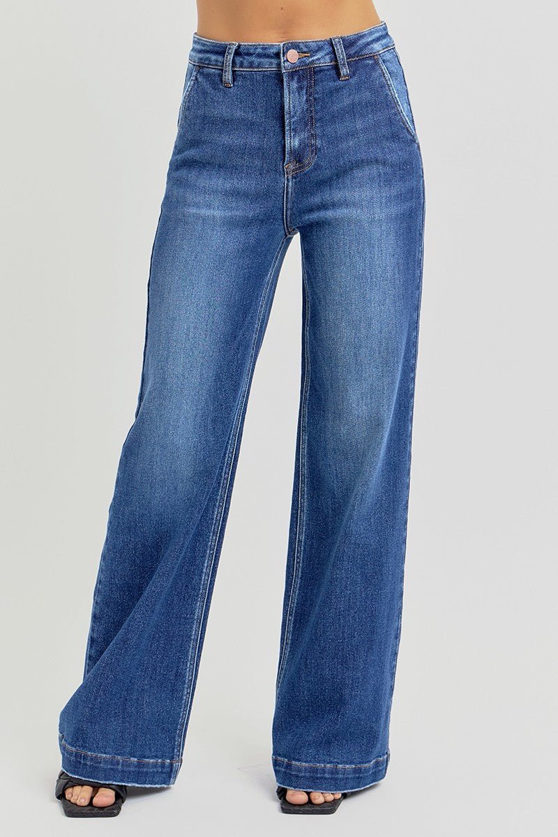 Risen High-Rise Wide-Leg Slanted Pocket Western Jeans — Dark Wash Rugged Style with Back Patch Pocket (Size 0, 9, 11, 13 and 15) - Rooted & Reckless Co.