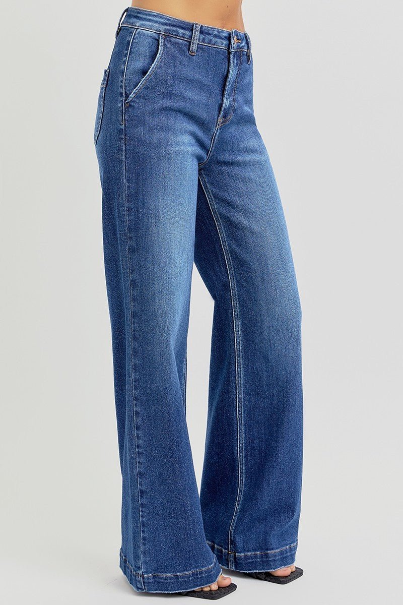 Risen High-Rise Wide-Leg Slanted Pocket Western Jeans — Dark Wash Rugged Style with Back Patch Pocket (Size 0, 9, 11, 13 and 15) - Rooted & Reckless Co.