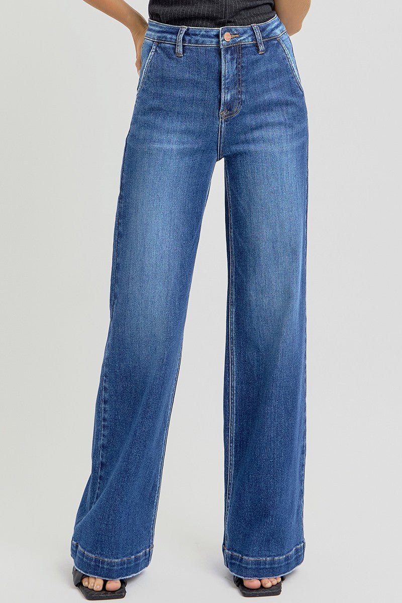 Risen High-Rise Wide-Leg Slanted Pocket Western Jeans — Dark Wash Rugged Style with Back Patch Pocket (Size 0, 9, 11, 13 and 15) - Rooted & Reckless Co.