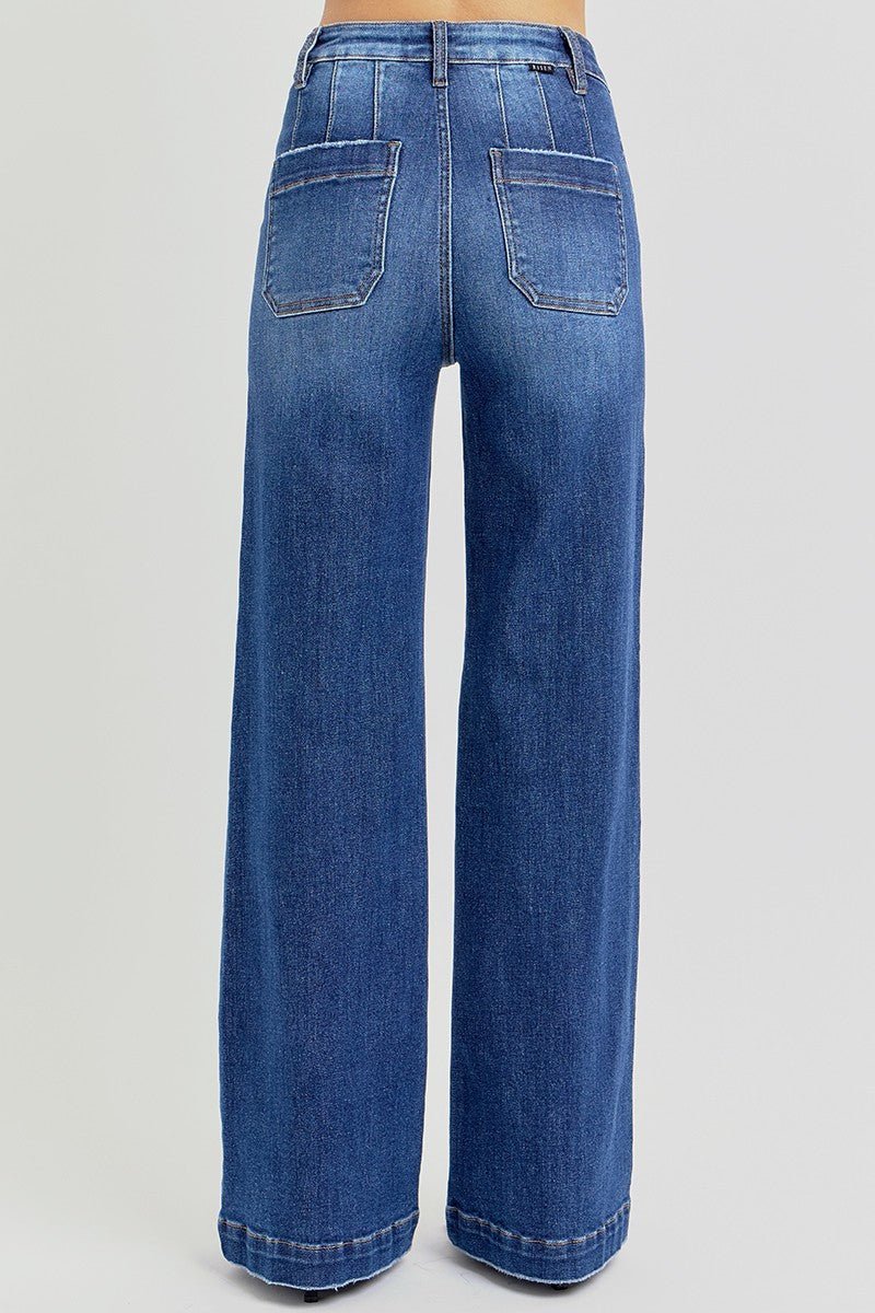 Risen High-Rise Wide-Leg Slanted Pocket Western Jeans — Dark Wash Rugged Style with Back Patch Pocket (Size 0, 9, 11, 13 and 15) - Rooted & Reckless Co.
