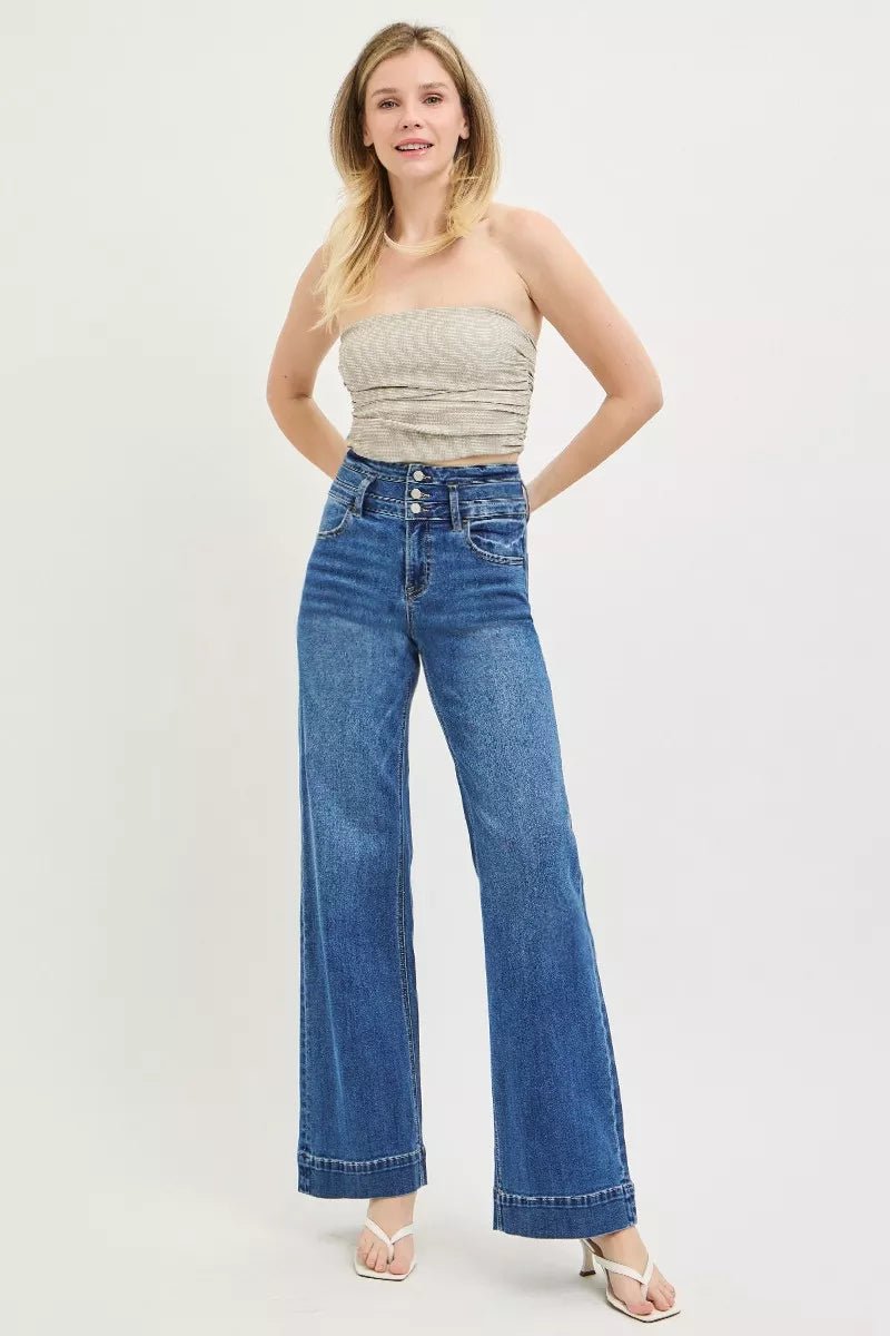 RISEN High Rise Wide Leg Wide Band Detail Jeans - Rooted & Reckless Co.