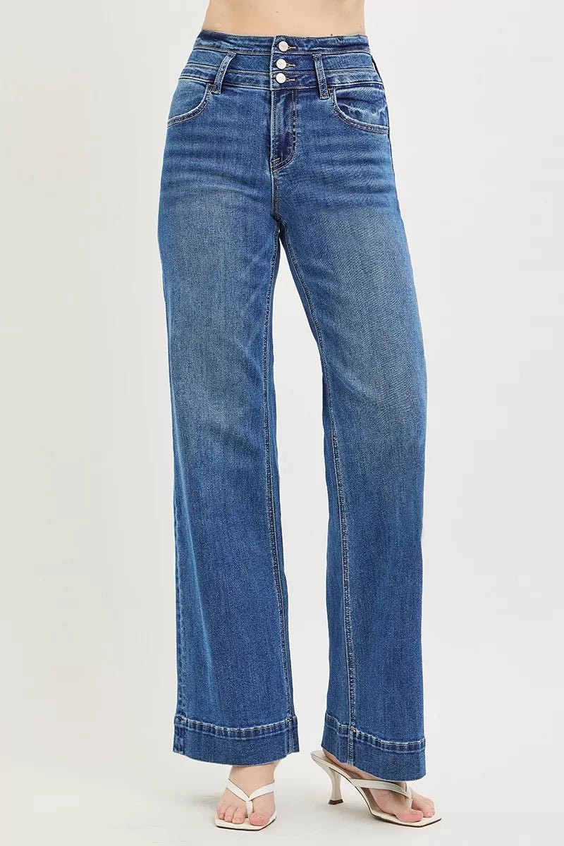 RISEN High Rise Wide Leg Wide Band Detail Jeans - Rooted & Reckless Co.