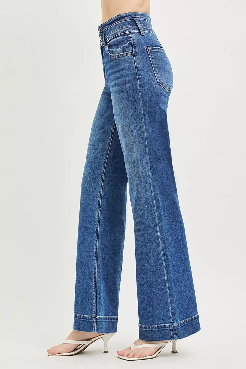 RISEN High Rise Wide Leg Wide Band Detail Jeans - Rooted & Reckless Co.