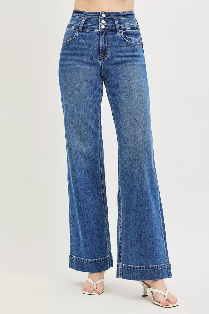 RISEN High Rise Wide Leg Wide Band Detail Jeans - Rooted & Reckless Co.