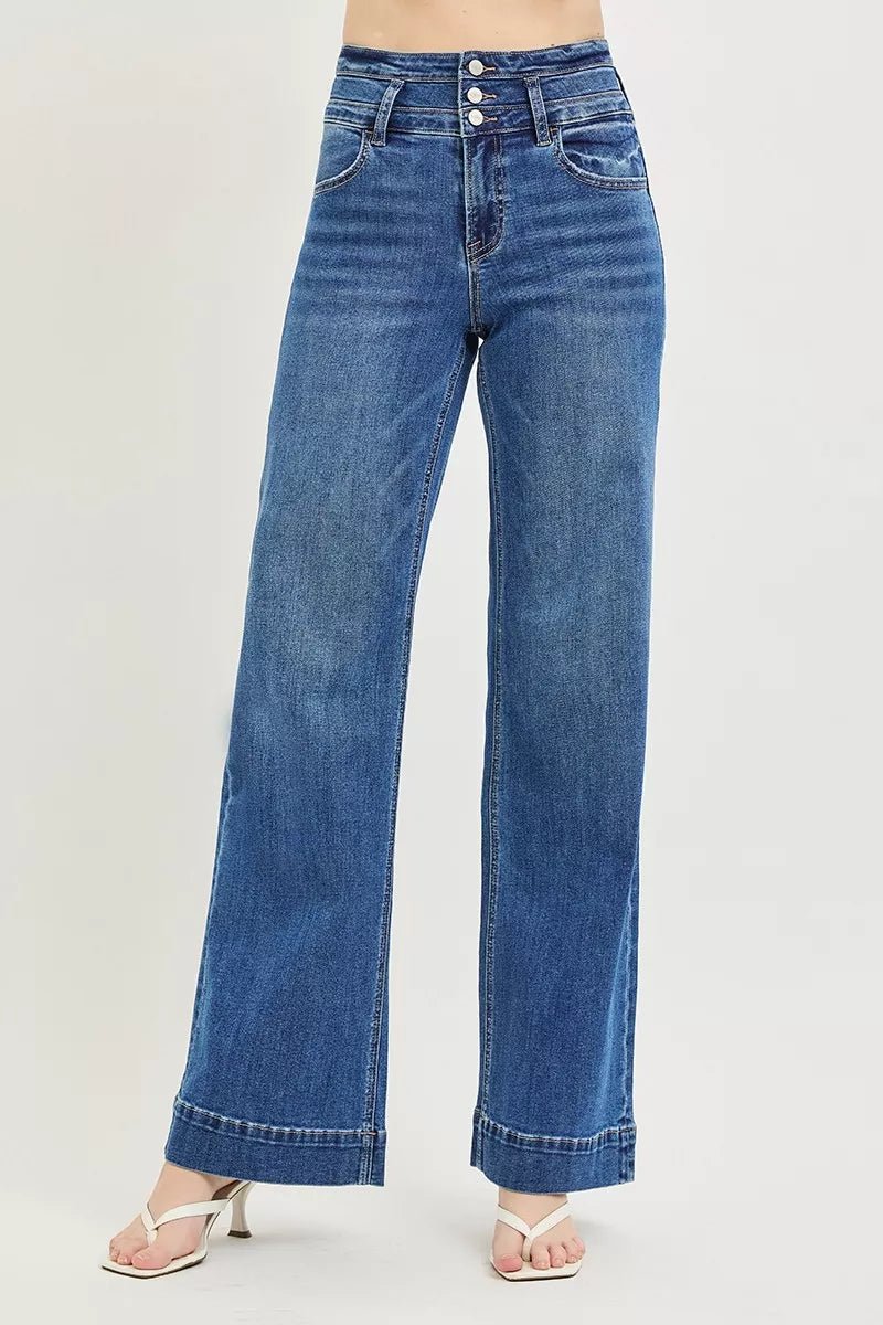 RISEN High Rise Wide Leg Wide Band Detail Jeans - Rooted & Reckless Co.
