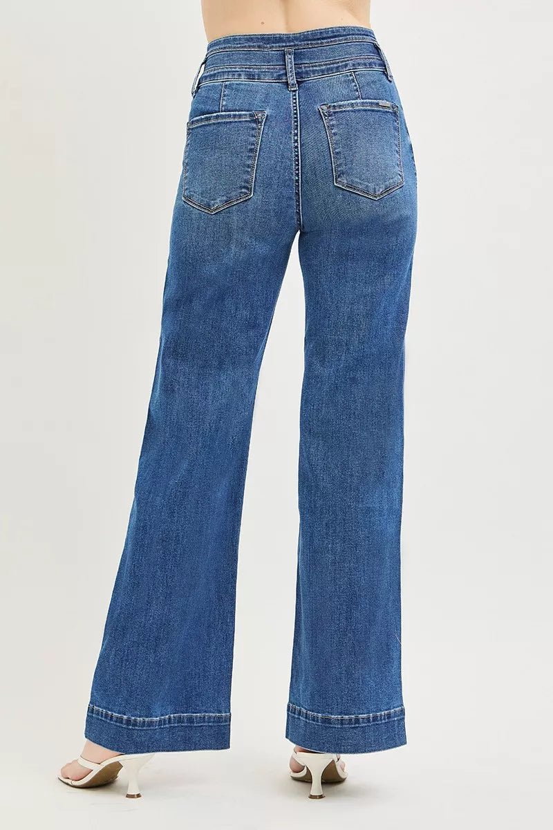 RISEN High Rise Wide Leg Wide Band Detail Jeans - Rooted & Reckless Co.