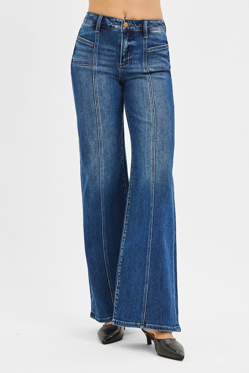 Risen Mid-Rise Front Seam Wide-Leg Western Jeans — Dark Wash with Front Slash Patch Pocket (Size 13 and 15 remaining) - Rooted & Reckless Co.