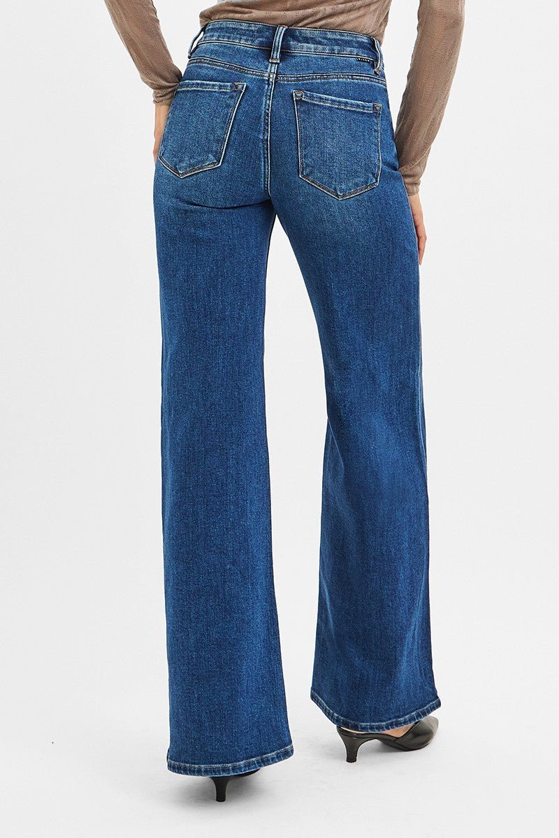 Risen Mid-Rise Front Seam Wide-Leg Western Jeans — Dark Wash with Front Slash Patch Pocket (Size 13 and 15 remaining) - Rooted & Reckless Co.