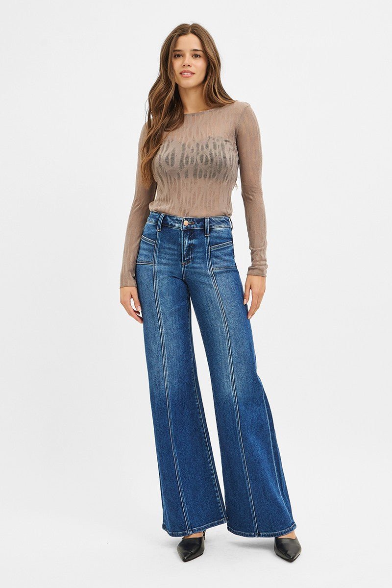 Risen Mid-Rise Front Seam Wide-Leg Western Jeans — Dark Wash with Front Slash Patch Pocket (Size 13 and 15 remaining) - Rooted & Reckless Co.
