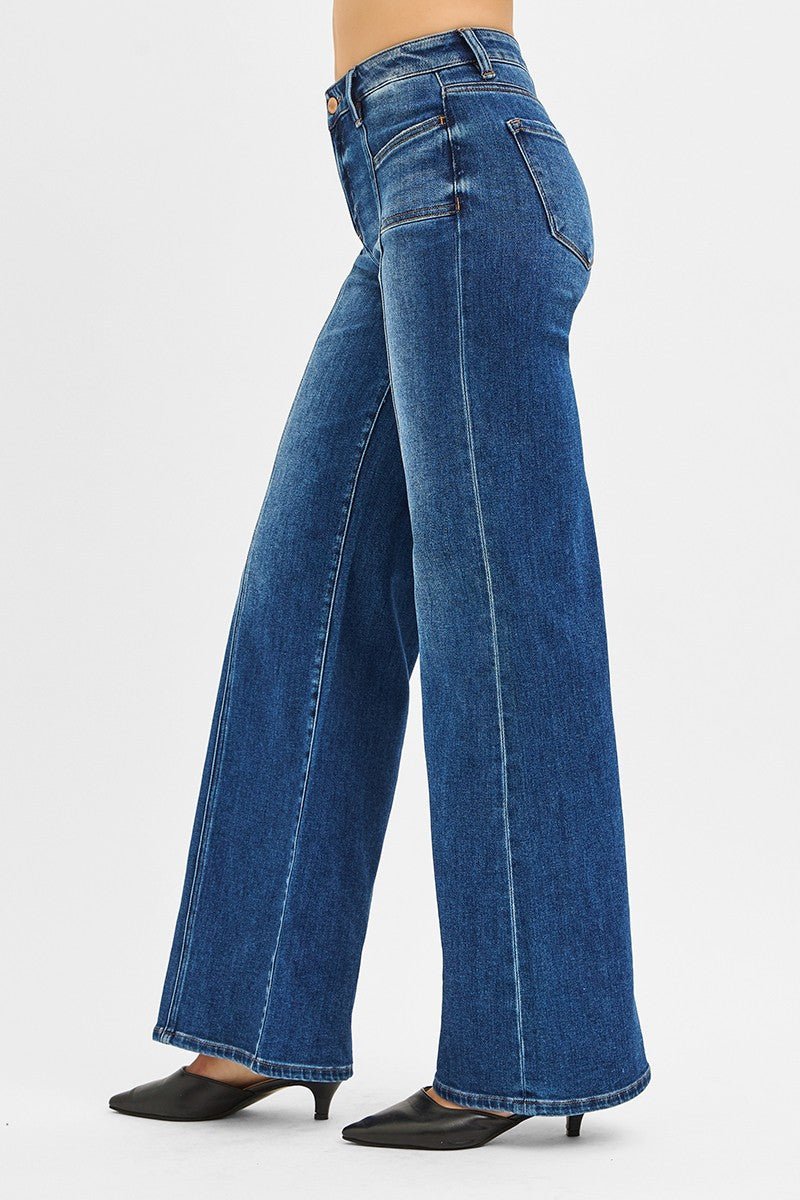 Risen Mid-Rise Front Seam Wide-Leg Western Jeans — Dark Wash with Front Slash Patch Pocket (Size 13 and 15 remaining) - Rooted & Reckless Co.