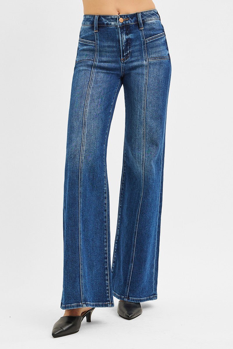 Risen Mid-Rise Front Seam Wide-Leg Western Jeans — Dark Wash with Front Slash Patch Pocket (Size 13 and 15 remaining) - Rooted & Reckless Co.
