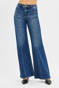Risen Mid-Rise Front Seam Wide-Leg Western Jeans — Dark Wash with Front Slash Patch Pocket (Size 13 and 15 remaining) - Rooted & Reckless Co.