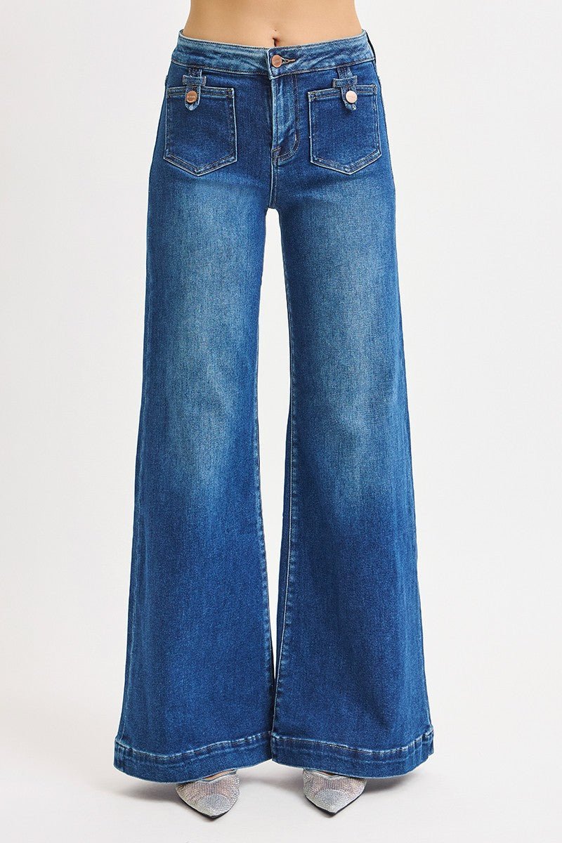 Risen Mid-Rise Wide Front Patch Pocket Western Jeans — Dark Wash with Trouser Hem & Tabbed Patch Pocket - Rooted & Reckless Co.