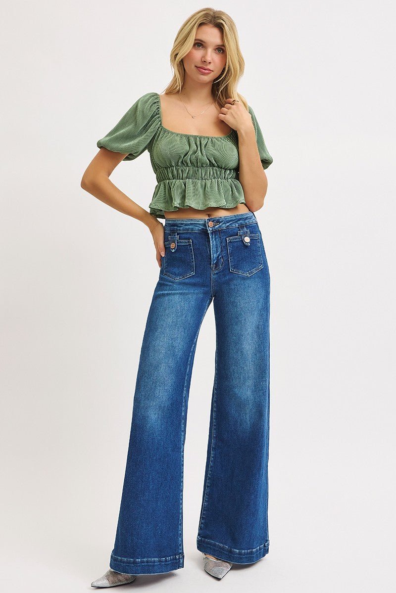 Risen Mid-Rise Wide Front Patch Pocket Western Jeans — Dark Wash with Trouser Hem & Tabbed Patch Pocket - Rooted & Reckless Co.