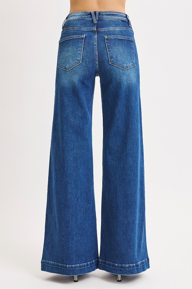 Risen Mid-Rise Wide Front Patch Pocket Western Jeans — Dark Wash with Trouser Hem & Tabbed Patch Pocket - Rooted & Reckless Co.
