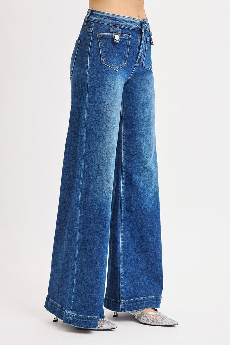 Risen Mid-Rise Wide Front Patch Pocket Western Jeans — Dark Wash with Trouser Hem & Tabbed Patch Pocket - Rooted & Reckless Co.