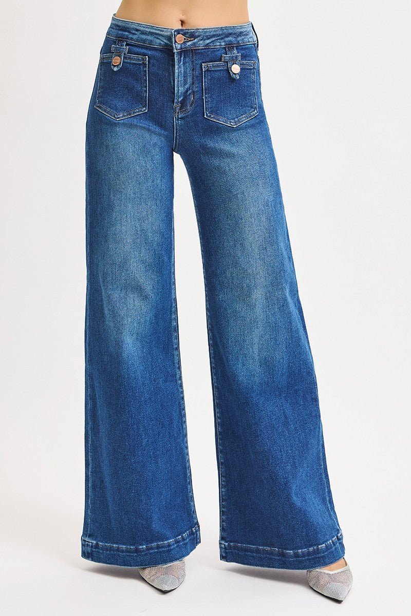 Risen Mid-Rise Wide Front Patch Pocket Western Jeans — Dark Wash with Trouser Hem & Tabbed Patch Pocket - Rooted & Reckless Co.