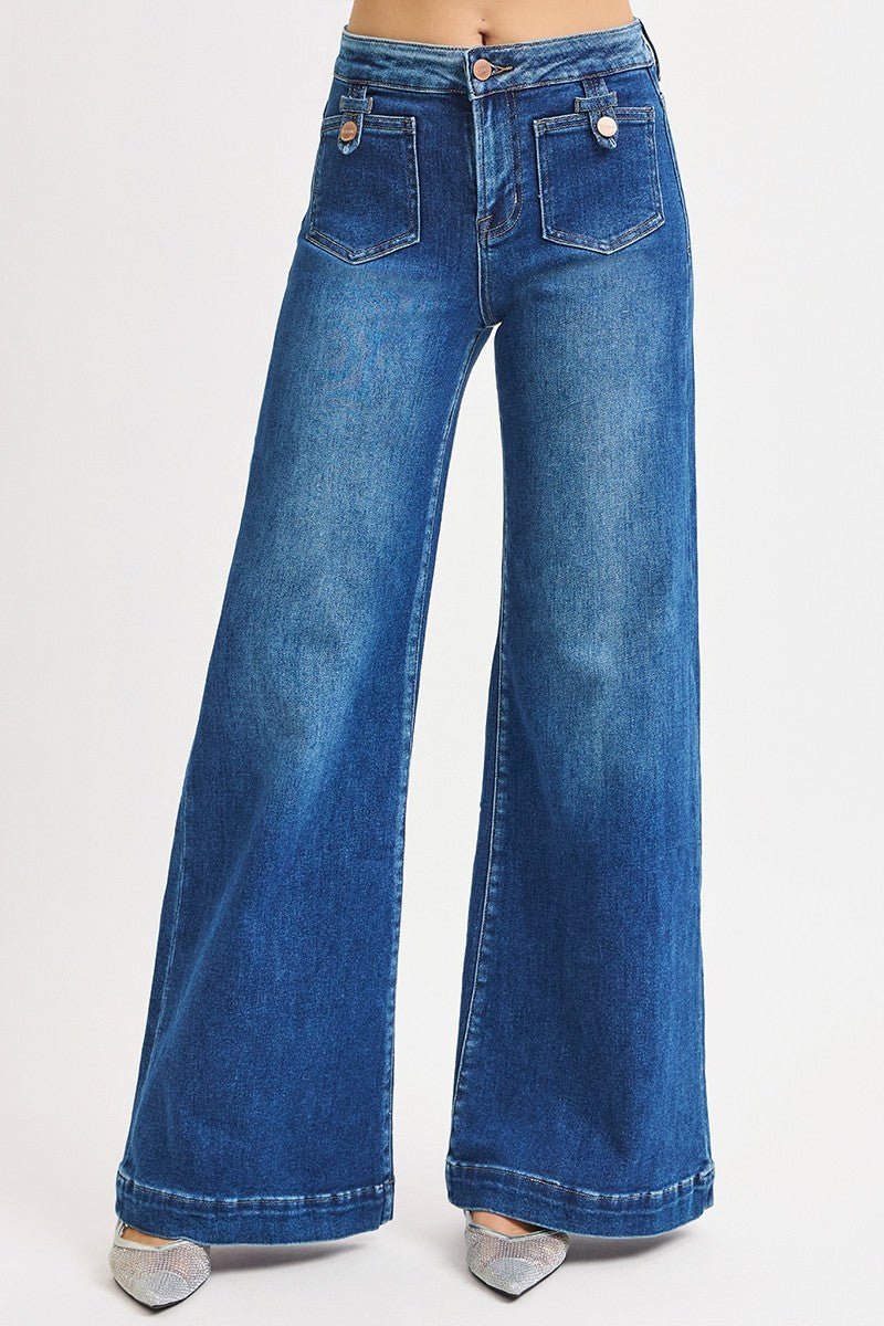 Risen Mid-Rise Wide Front Patch Pocket Western Jeans — Dark Wash with Trouser Hem & Tabbed Patch Pocket - Rooted & Reckless Co.
