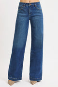 Risen Mid-Rise Wide Iron Press Line Detail Western Jeans — Dark Wash with Tummy Control & Slanted Pockets - Rooted & Reckless Co.