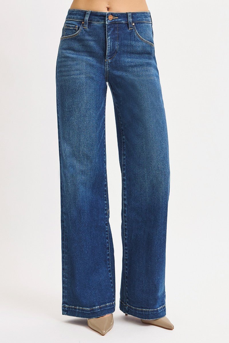 Risen Mid-Rise Wide Iron Press Line Detail Western Jeans — Dark Wash with Tummy Control & Slanted Pockets - Rooted & Reckless Co.