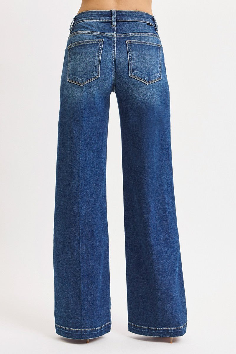 Risen Mid-Rise Wide Iron Press Line Detail Western Jeans — Dark Wash with Tummy Control & Slanted Pockets - Rooted & Reckless Co.