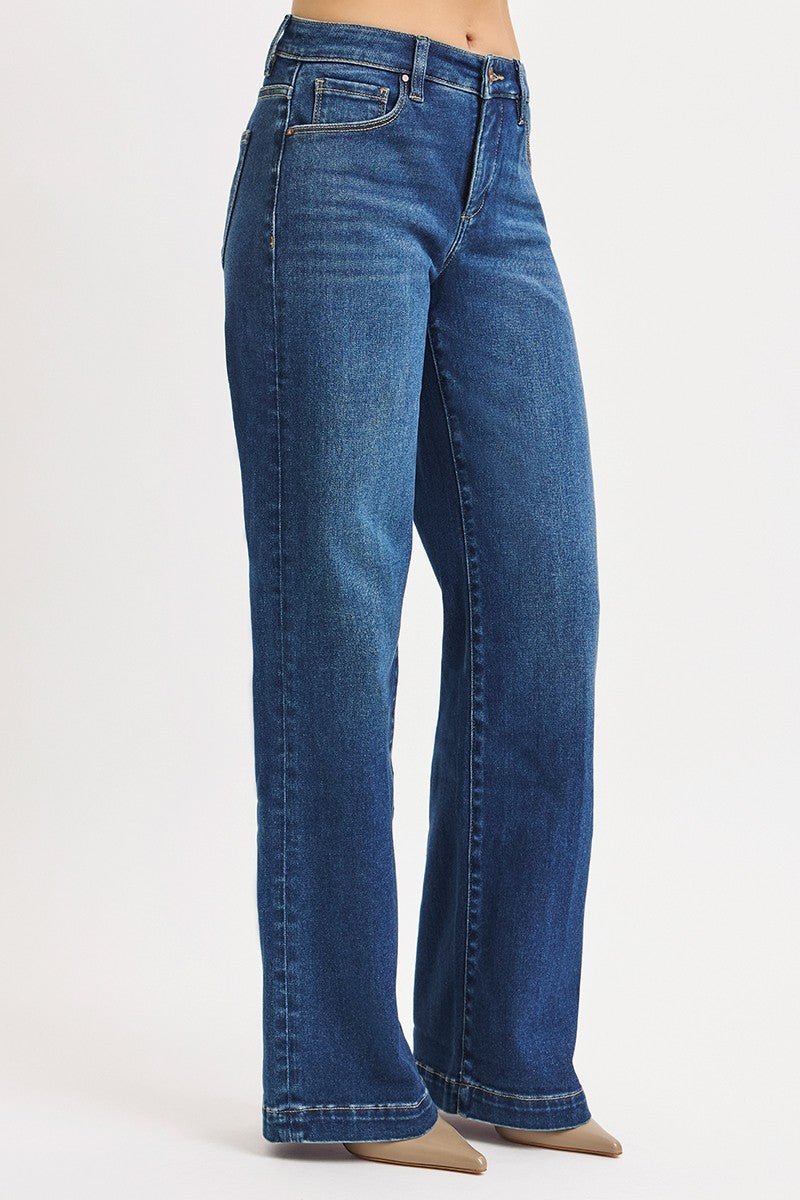 Risen Mid-Rise Wide Iron Press Line Detail Western Jeans — Dark Wash with Tummy Control & Slanted Pockets - Rooted & Reckless Co.