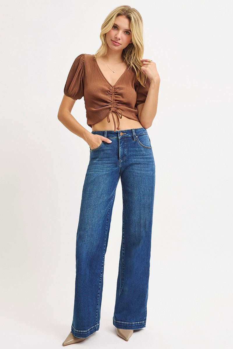 Risen Mid-Rise Wide Iron Press Line Detail Western Jeans — Dark Wash with Tummy Control & Slanted Pockets - Rooted & Reckless Co.
