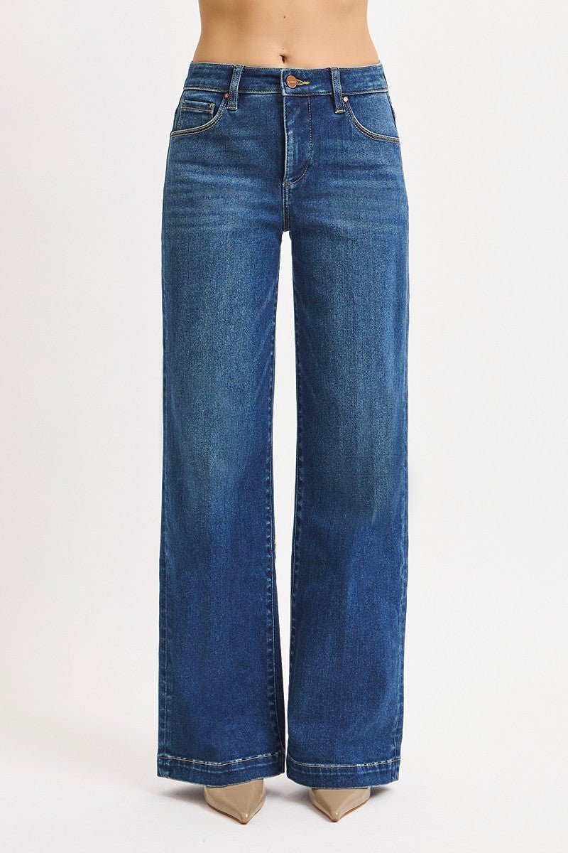 Risen Mid-Rise Wide Iron Press Line Detail Western Jeans — Dark Wash with Tummy Control & Slanted Pockets - Rooted & Reckless Co.