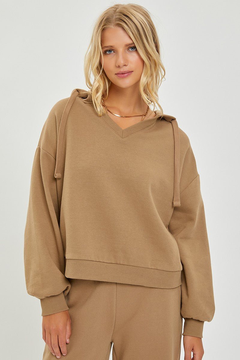 Risen Oversized V-Neck Hoodie Sweatshirt — Soft Cotton-Poly Blend Western Lounge Top (large remaining) - Rooted & Reckless Co.