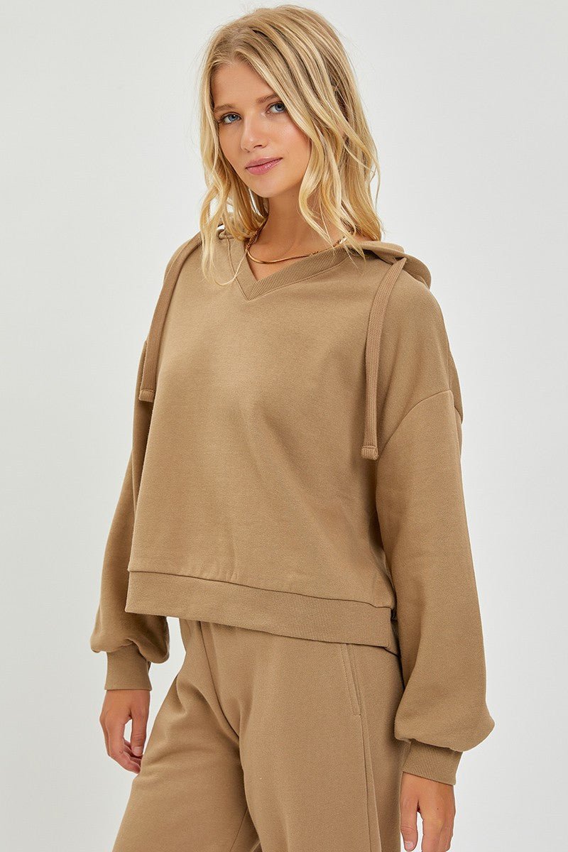 Risen Oversized V-Neck Hoodie Sweatshirt — Soft Cotton-Poly Blend Western Lounge Top (large remaining) - Rooted & Reckless Co.